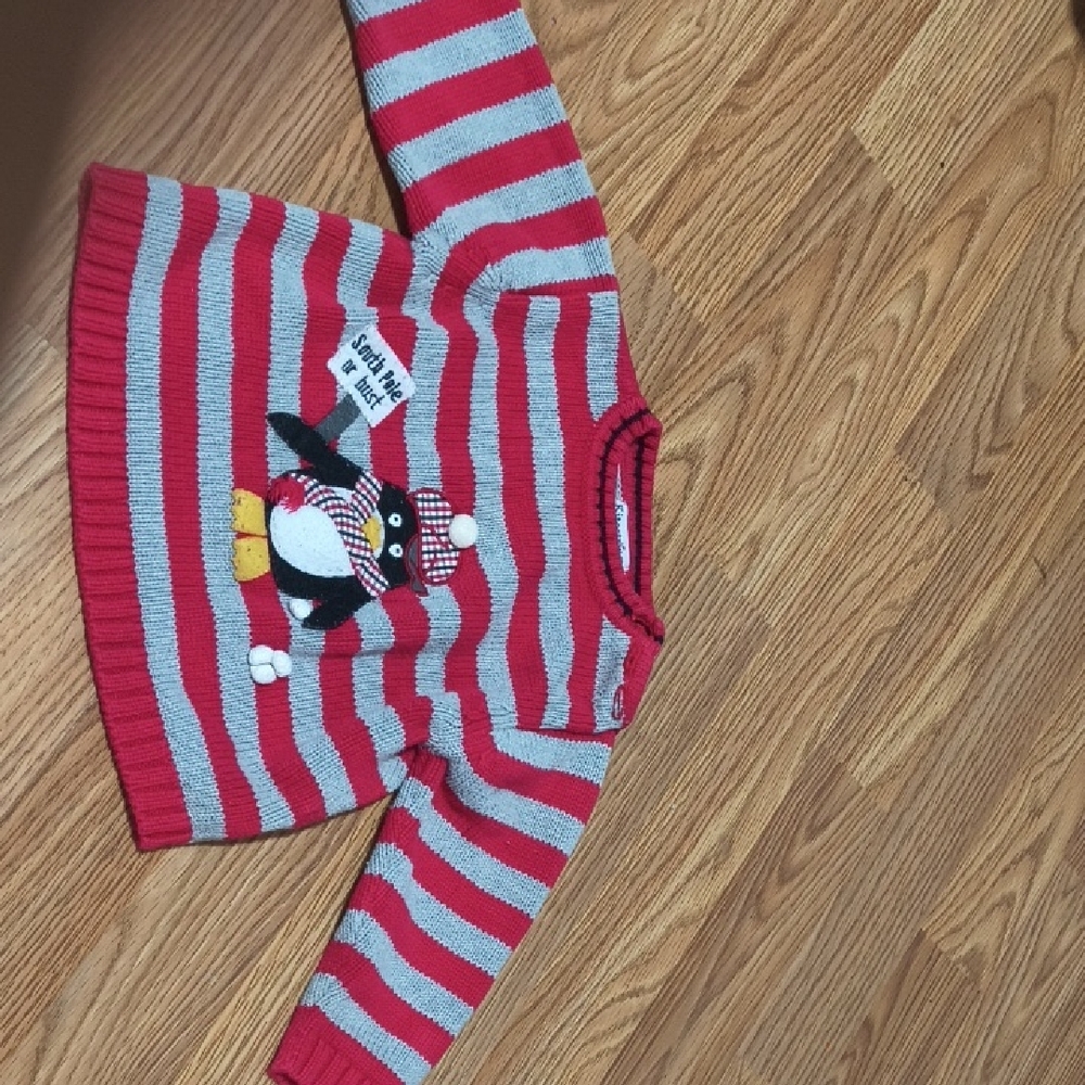 Red and Gray Striped Sweater with Bold Design